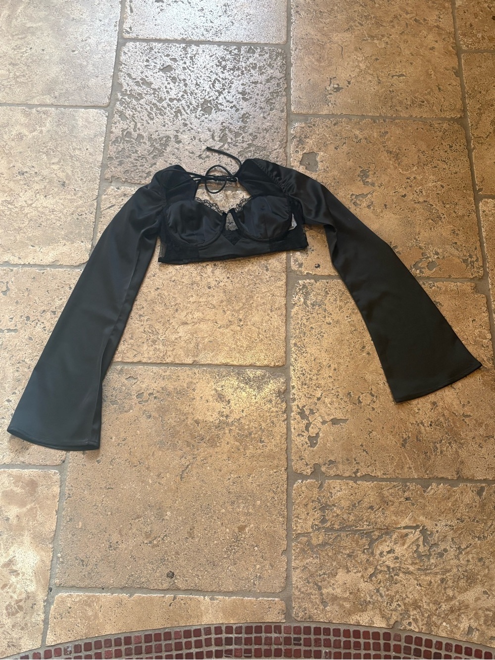 PRINCESS POLLY Black Lace Trim Long Sleeve Bell Sleeve Satin Crop Top Size 2